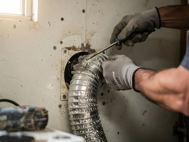 Westport Dryer Vent Cleaning technician performing precise dryer vent hose installation in Westport